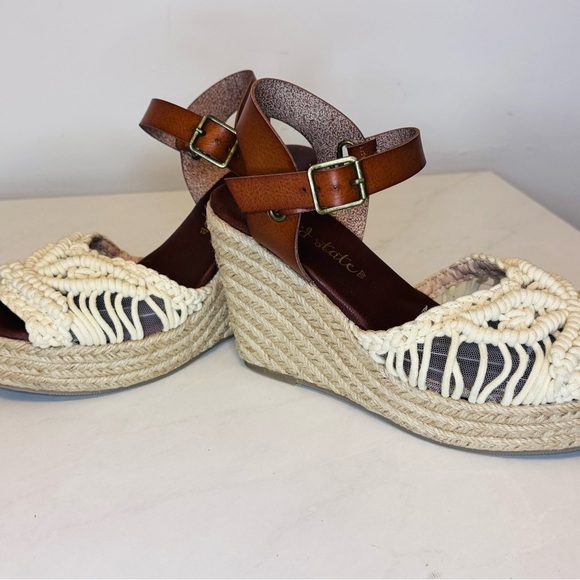 Cream and Brown Woven Wedge Sandals - Picture 3 of 11